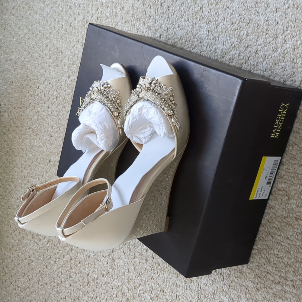 Badgley Mischka jeweled wedge ankle strap  sandal, size 6.5